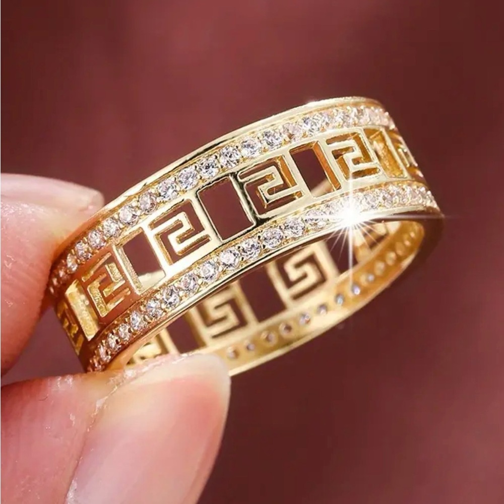 Elegant hollow-out Greek Key (Meander) Ring design micro-pave CZ stones. SZ 8